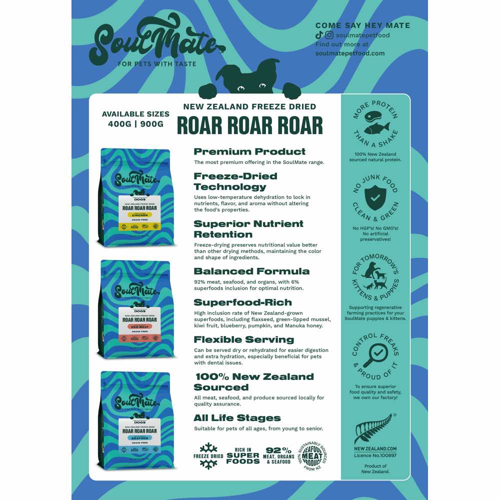 '65% OFF 400g (Exp 19Sep25)': SoulMate Roar Roar Roar New Zealand Red Meat Grain Free Freeze Dried Dog Food