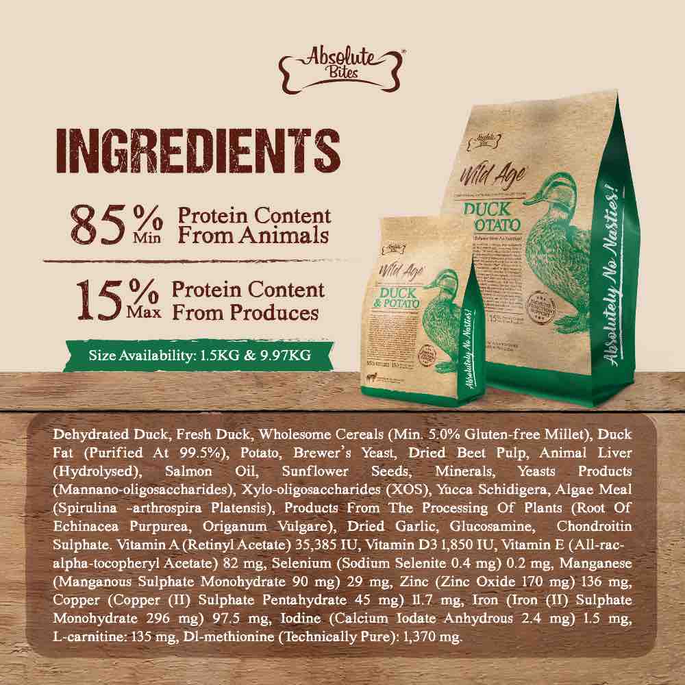 40% OFF+FREE TREATS: Absolute Bites Wild Age Duck & Potato Dry Dog Food