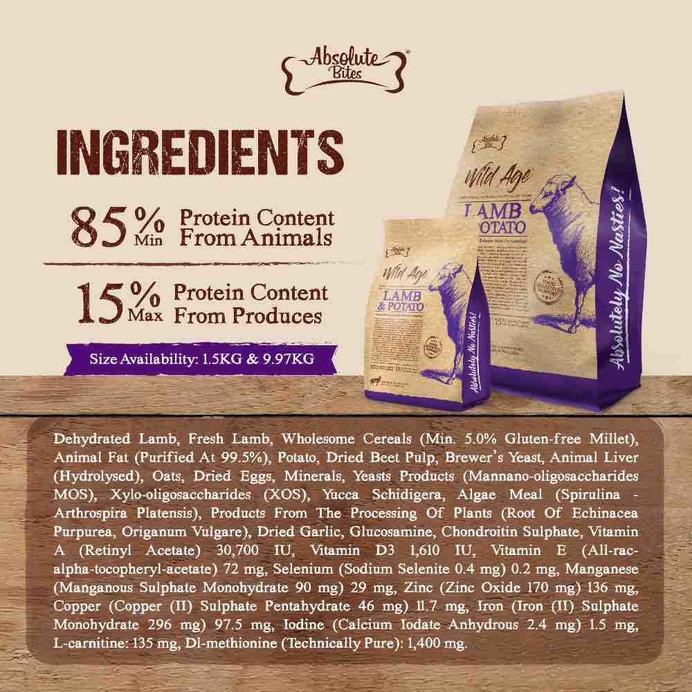 40% OFF+FREE TREATS: Absolute Bites Wild Age Lamb & Potato Dry Dog Food