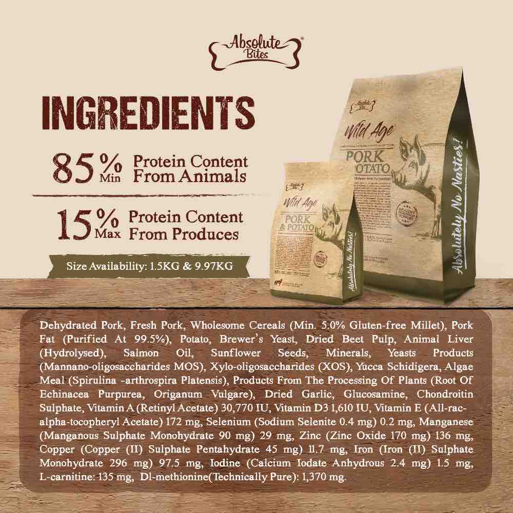 40% OFF+FREE TREATS: Absolute Bites Wild Age Pork & Potato Dry Dog Food