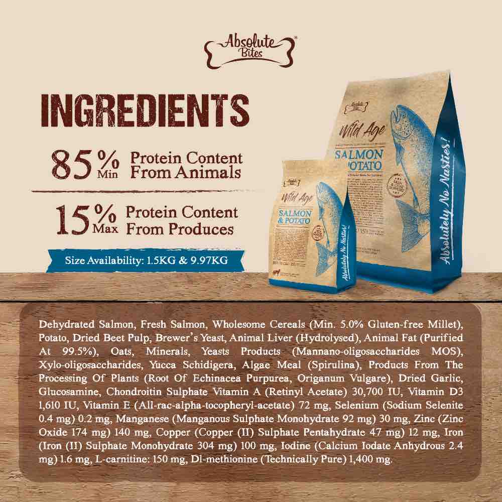 40% OFF+FREE TREATS: Absolute Bites Wild Age Salmon & Potato Complete Dry Dog Food