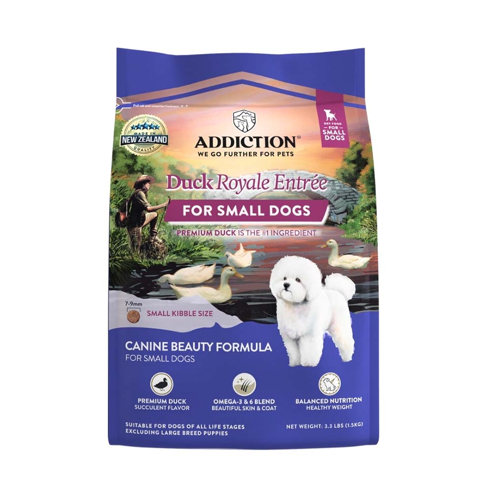 15% OFF/FREE TREATS: Addiction Duck Royale Entree Grain-Free Small Breed Dry Dog Food 1.5kg