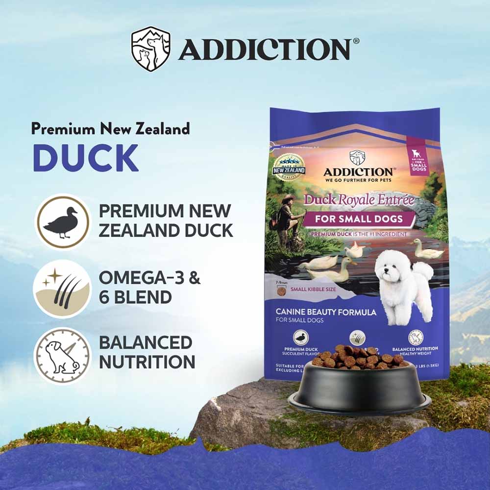 15% OFF/FREE TREATS: Addiction Duck Royale Entree Grain-Free Small Breed Dry Dog Food 1.5kg
